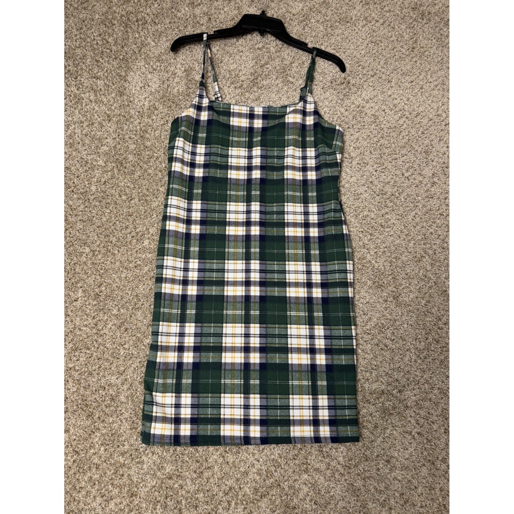 Vintage 90s Plaid Slip Dress Green Tartan Mini Dress Academia Cottagecore XL